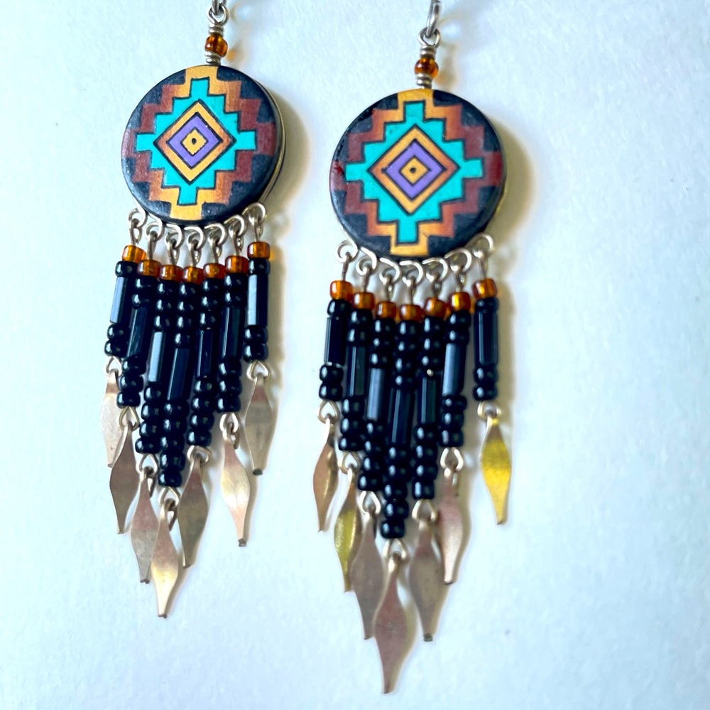Authentic handmade hand painted beaded fair trade drop earrings